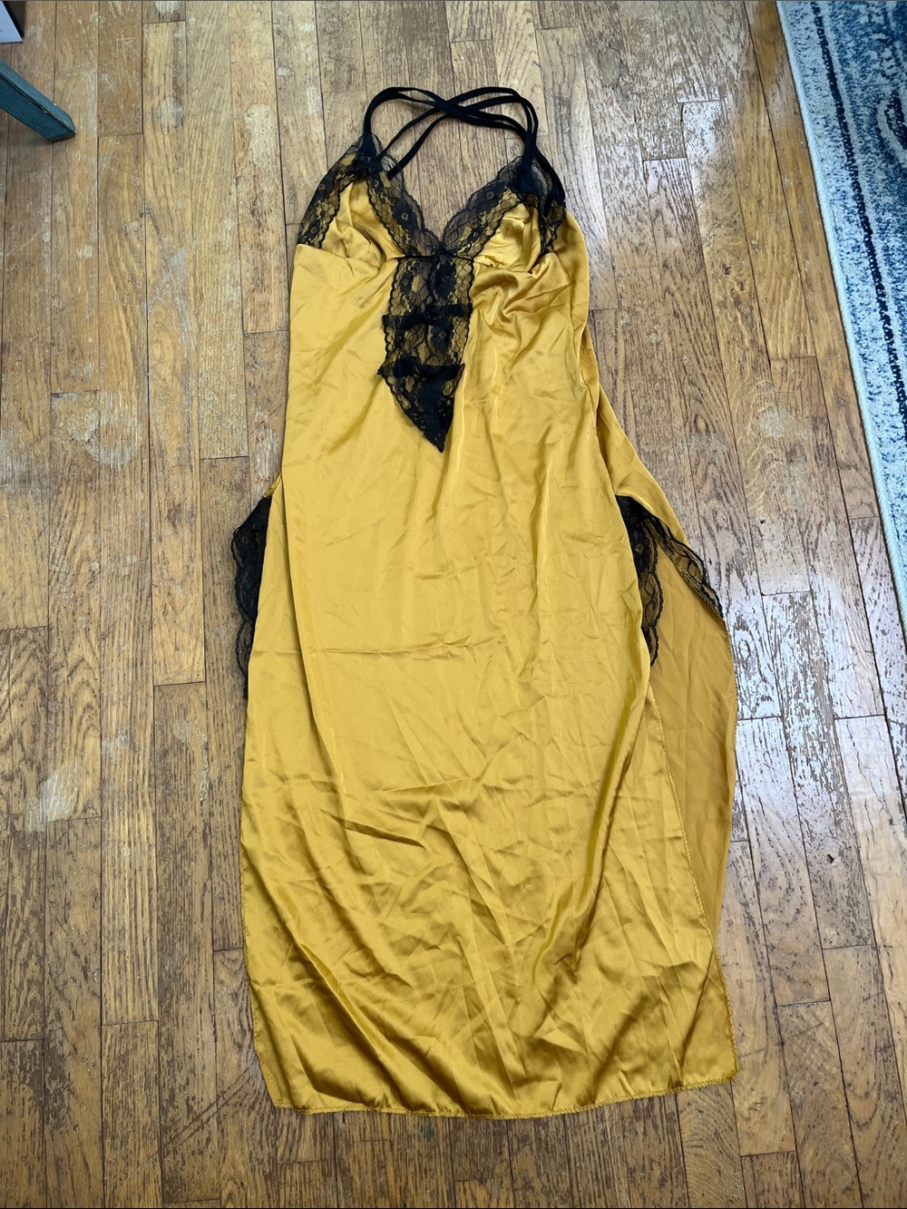 Mustard Yellow Satin Chemise with Black Lace Trim - Women’s Intimates